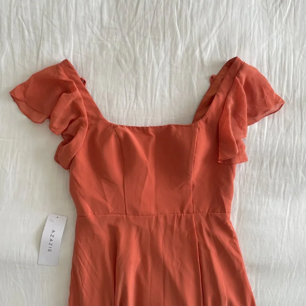 NWT Azazie Bondi Stretch Rust A-Line Bow Stretch Satin Dress - Picture 8 of 14